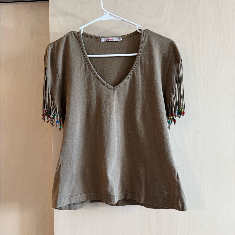 s.Oliver Olive Green Beaded Fringe Sleeve T-Shirt - Size Medium